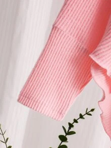 SHEIN 女童春夏秋冬休閒T恤套裝，不對稱套頭鈕扣領，羅紋針織刷毛布料，淺粉色長袖上衣＋喇叭褲，適合日常休閒可愛時尚優雅穿搭 - 粉色 - 查看 7