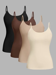 SHEIN EZwear 大尺碼女款棉質 4 件組修身休閒純色百搭層搭細肩帶背心上衣，適合春秋冬季 - 彩色 - 查看 9