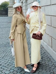 Solavon Women's Solid Color Long Sleeve Top And Skirt Casual 2 Pieces Set - Yellow - View 2