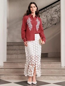Anewsta Women's Spring/Autumn New Elegant Minimalist Versatile Pearl Lace Trim Striped Applique Long-Sleeve Blouse - Red - View 5