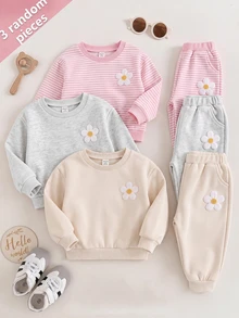 SHEIN 3件組可愛花卉拼接純色長袖秋冬女嬰衛衣 - 淺粉色 - 查看 1