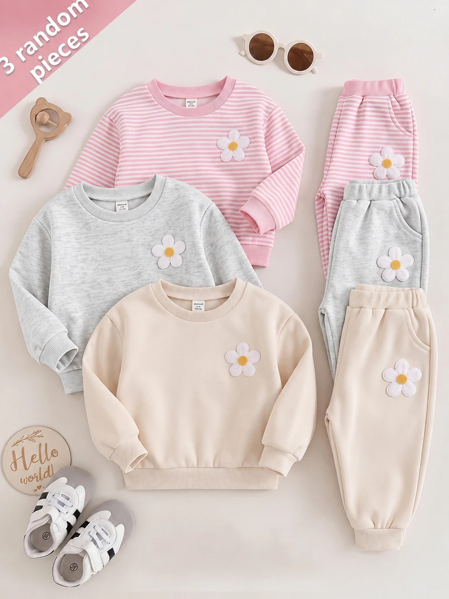 SHEIN 3件組可愛花卉拼接純色長袖秋冬女嬰衛衣 - 淺粉色 - 查看 1