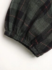 SHEIN Tween女孩秋冬刺繡蕾絲領梭織格紋拼接娃娃洋裝 寬鬆長袖復古學院休閒風 棕色 - 綠色 - 查看 6