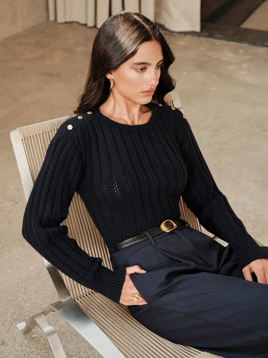 Anewsta Women's Autumn/Winter Designer Slim Fit Minimalist Elegant Wavy Hem Round Neck Casual Commute Knit Sweater - Navy Blue - View 1