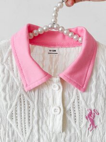 SHEIN 幼兒女嬰可愛甜美優雅白色粉色針織短袖 Polo 領前開扣公主芭蕾舞女孩夏季派對洋裝 - 淺粉色 - 查看 3