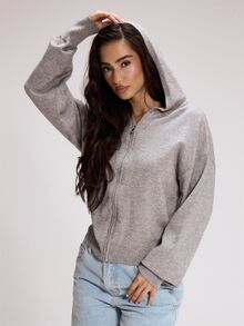 MUSERA ESSENTIALS Grey Marl Knit Zip Up Hoodie Autumn Winter Fall Knitwear Casual Everyday - Grey - View 2