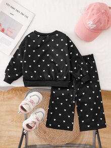 SHEIN 女嬰可愛波點愛心衛衣與鬆緊腰長褲秋季套裝 - 黑色 - 查看 2