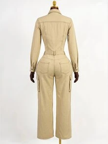 SHEIN Women's Long Sleeve Single-Breasted Cargo Pocket Denim Jumpsuit - Brown - View 6