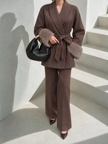 Veilorie Women's Plush Patchwork Knot Waist Long Sleeve Top And Pants 2 Pieces Set - Mocha Brown - View 6
