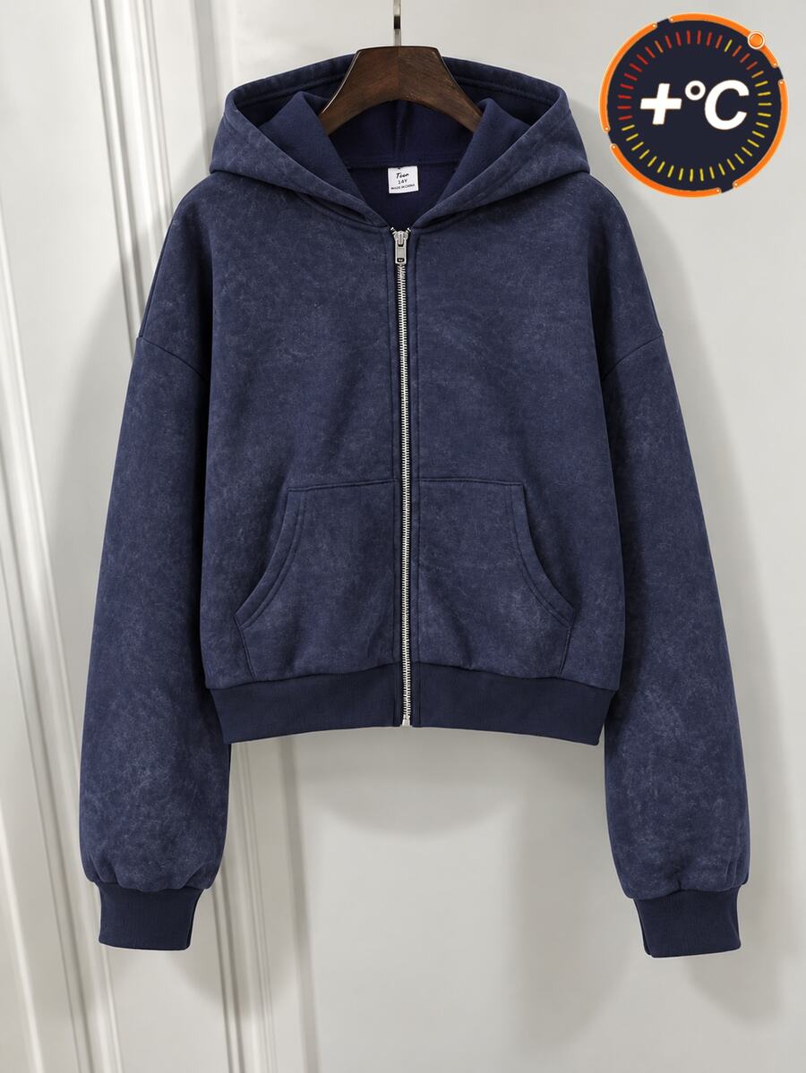 SHEIN 青少年女孩雪花洗水抓絨連帽夾克,海軍藍 B 內裡保暖拉鍊運動衫,純色寬鬆口袋運動外套,適合秋冬校園穿著 - 藏蓝色 - 查看 1