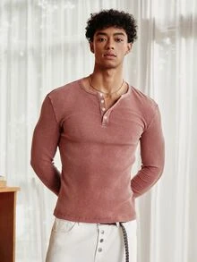 SWAVVY 男士純色半開襟鈕扣長袖休閒T恤 - 棕色 - 查看 5