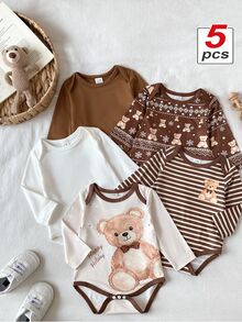 SHEIN Playful Pals بدلة أطفال أولاد لطيفة بطبعة دب كرتونية مخططة على كامل الجسم بألوان متباينة وأكمام طويلة وياقة مغلفة، طقم متعدد القطع للخروجات والعطلات في فصل الخريف - بني - مشاهدة 1