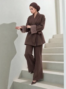 Veilorie Women's Plush Patchwork Knot Waist Long Sleeve Top And Pants 2 Pieces Set - Mocha Brown - View 4
