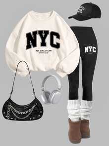 SHEIN 時尚百搭乳白色與黑色，極簡百搭 NYC 字母印花，女款休閒抓絨圓領套頭運動衫與內搭褲 2 件套，新風格適用於秋冬日常、外出、校園、運動、街頭風、隨性時髦、美式街頭女孩、甜酷休閒時尚 - 彩色 - 查看 2