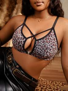 SHEIN Plus Size Women's Leopard Print Cutout Design Wireless Bra - Black - View 4