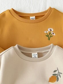 Loomiva 2件裝女嬰刺繡花卉與檸檬圖案軟針織圓領長袖套頭運動衫，適合秋冬 - 黃色 - 查看 8