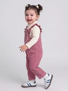 Maija Kids Maija Kids 女嬰對比色蕾絲口袋設計荷葉袖可愛吊帶連身褲 - 粉色 - 查看 3