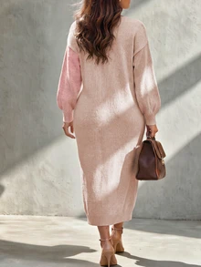 Linhara CURVE Plus Size Women's Solid Color Knit V-Neck Colorblock Sweater Dress, Minimalist Casual Style, Suitable For Autumn/Winter Daily Commute, Romantic Vacation, Dopamine Back To School Season - Multicolor - View 2