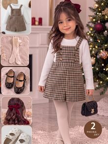 SHEIN Baby Girl Knit Solid Color Round Neck Casual T-Shirt & Woven Plaid Overall Shorts 2pcs Set - Multicolor - View 6