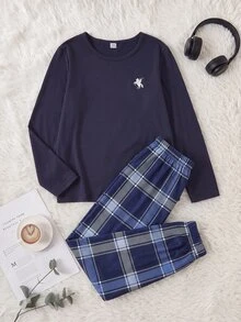 SHEIN 男童 2 件組長袖 Polo 衫與格紋長褲套裝，柔軟舒適面料，送給男孩的完美禮物 - 藏蓝色 - 查看 7