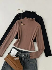 SHEIN Tween Girl Autumn/Winter New Casual Minimalist Comfortable Knit Fleece Solid Color High Neck Long Sleeve T-Shirt 2pcs/Set Random - Multicolor - View 3