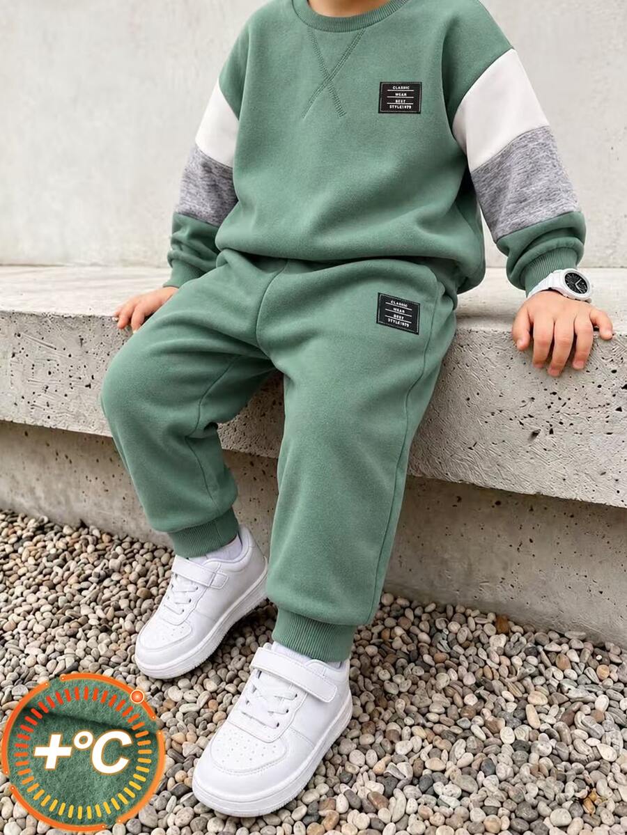 Genkimix Kids 2pcs Young Boy Sweatshirt + Pants Preppy Baby Blue White Color-Block Patchwork Long Sleeve Round Neck Regular School Fall Jogging Cozy - Green - View 1