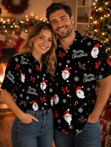 Manfinity Homme Men's Black Santa Claus Short Sleeve Single-Breasted Casual Shirt - Black - View 1