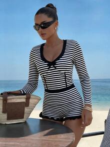 Sirith Women 2pcs Striped Print Deep V-Neck Bow Long Sleeve Cropped Top And Frill Trim Shorts Sweet Fitted Sports Set - Multicolor - View 4