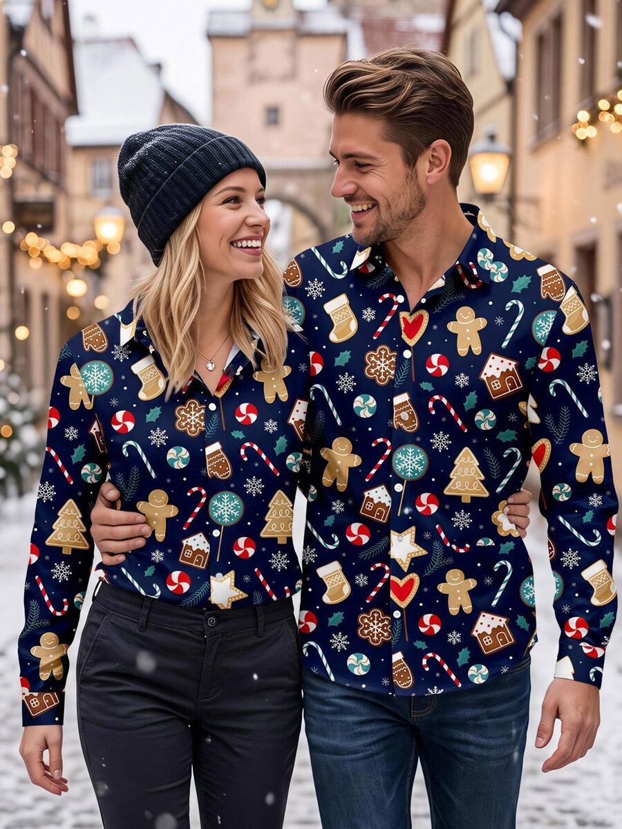 Manfinity Homme Men's Christmas Long Sleeve Shirt, Suitable For Couple Gathering, Boyfriend Gift - Blue - View 1