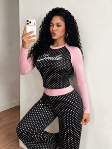 Mistrie Women's Autumn Winter 2 Pieces Set, Round Neck Polka Dot Print, Latin Sport Style Slim Flared Pants, For Commuting, Dates & Home Wear - Multicolor - View 6
