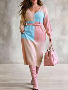 Linhara CURVE Plus Size Women's Solid Color Knit V-Neck Colorblock Sweater Dress, Minimalist Casual Style, Suitable For Autumn/Winter Daily Commute, Romantic Vacation, Dopamine Back To School Season - Multicolor - View 4