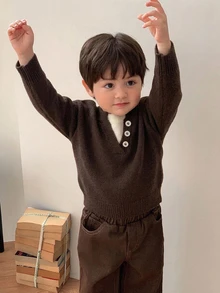 Hapijoa 男嬰對比色 2 合 1 長袖針織衫，秋冬幼兒款 - 咖啡棕 - 查看 2