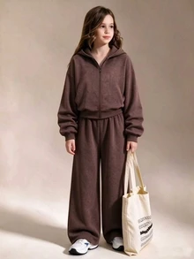 SHEIN 青少年女孩雪花洗水抓絨2件套，棕色保暖內裡拉鍊連帽外套與寬腿長褲套裝，適合秋冬日常上學休閒穿著 - 摩卡棕 - 查看 5
