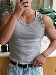 DAZY 男士純色圓領修身背心，適合夏季 - 灰色 - 查看 4