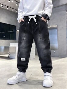 小男孩字母印花腰帶口袋抽繩褲腳休閒牛仔褲 夏季度假秋季 - 黑色 - 查看 3
