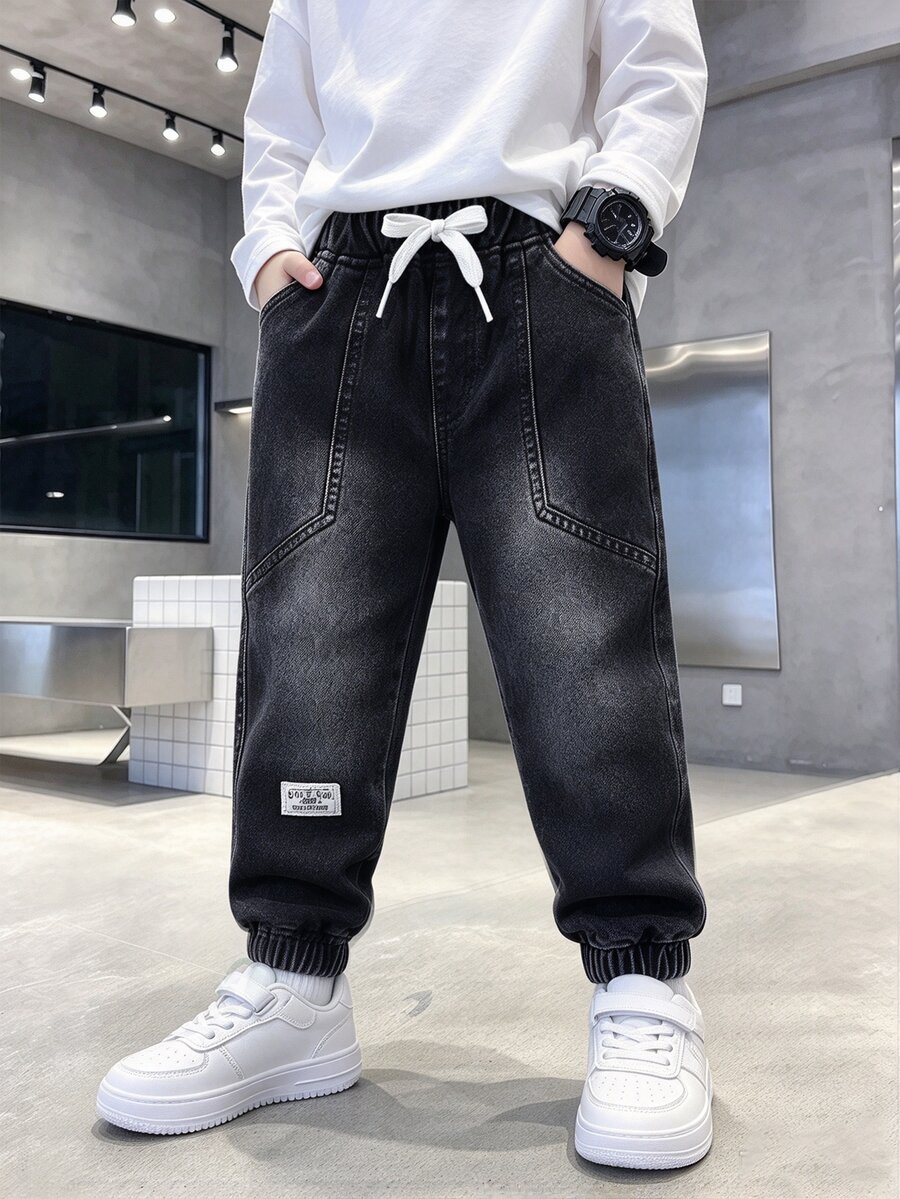 Young Boy Letter Printed Belted Pocket Drawstring Leg Casual Denim Pants Summer Holiday Autumn Fall - Black - View 1