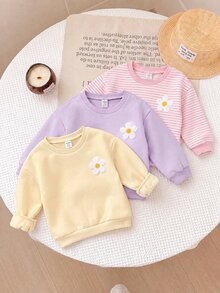 SHEIN 3件組可愛花卉拼接純色長袖秋冬女嬰衛衣 - 淡紫色 - 查看 7
