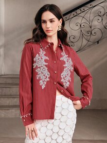 Anewsta Women's Spring/Autumn New Elegant Minimalist Versatile Pearl Lace Trim Striped Applique Long-Sleeve Blouse - Red - View 1