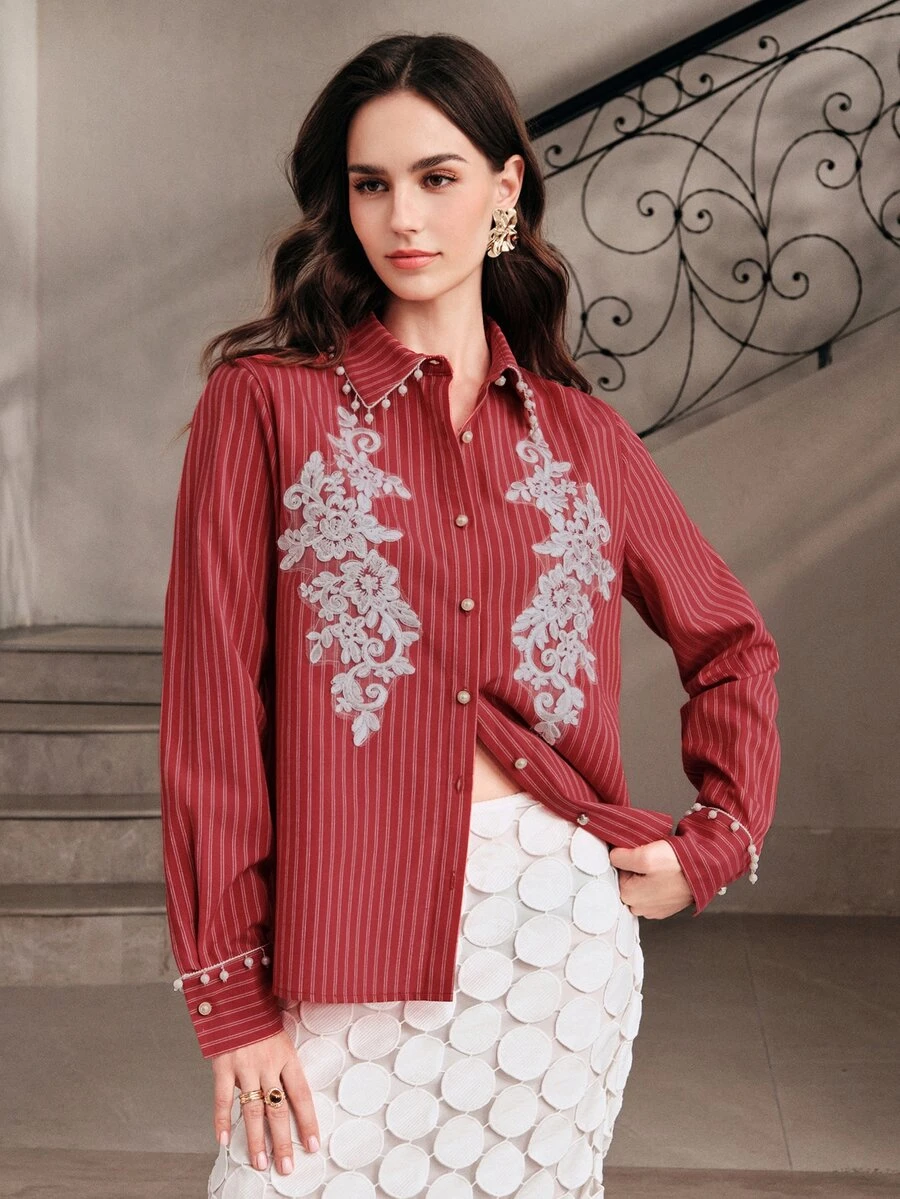 Anewsta Women's Spring/Autumn New Elegant Minimalist Versatile Pearl Lace Trim Striped Applique Long-Sleeve Blouse - Red - View 1