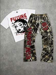 Manfinity ZONE917 Men's Cartoon Portrait Smiling Face Print Short Sleeve T-Shirt And Drawstring Waist Long Pants Set - White - View 1