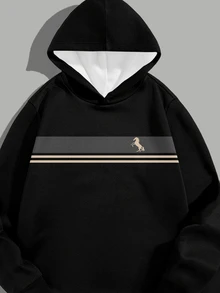 Manfinity Homme Minimalist Contrast Color Striped Patchwork Small Logo Silhouette Pattern Fashion Casual Print Men's Full-Print Hoodie Sweatshirt Set - Black - View 4
