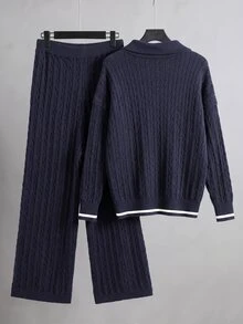 GlowEve CURVE Plus Size Women's Colorblock Long Sleeve Top And Pants Casual Everyday Knit Set - Blue - View 2