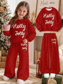 SHEIN 聖誕新年紅色亮粉圓點、甜美復古女孩手寫「Holly Jolly」字母，女款休閒舒適抓絨內裡寬鬆圓領衛衣與運動褲2件套，適合秋冬日常穿著，慵懶隨性復古聖誕風，限量節日禮物，快樂假期姐妹裝，舒適氛圍 - 彩色 - 查看 1
