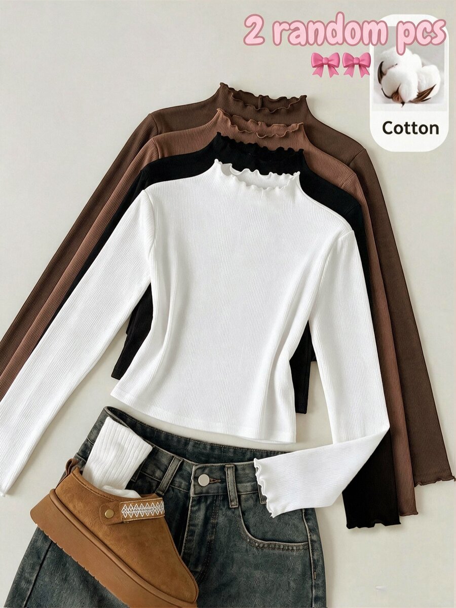 SHEIN Tween Girl Autumn/Winter New Casual Minimalist Comfortable Knit Fleece Solid Color High Neck Long Sleeve T-Shirt 2pcs/Set Random - Multicolor - View 1