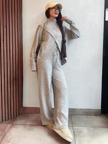 Solavon Women's Solid Color Stand Collar Long Sleeve Top And Pants Knit 2 Pieces Set - Grey - View 5