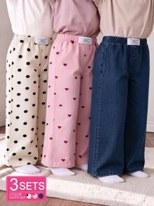 3件組女孩休閒長褲，純色、波點、愛心印花，鬆緊腰寬腿，腰帶牛仔裝飾，適中厚度，舒適垂墜長褲組合，適合日常外出、玩耍，春秋季節穿著。多色可選，簡約百搭，輕鬆打造多樣俏皮造型 - 彩色 - 查看 3
