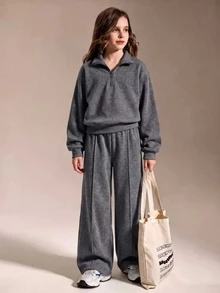 SHEIN 青少年女孩秋冬抓絨半拉鍊運動衫與長褲套裝，酸洗長袖套頭高領運動服，休閒校園穿搭 - 深灰色 - 查看 4
