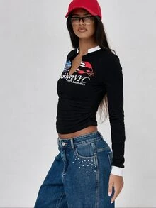 MUSERA 白色圖案細節長袖上衣 秋冬酷女孩返校風 Blancs - 黑色 - 查看 3