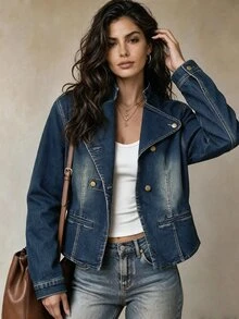 LUMIGAL ملابس علوية نسائية مقاس كبير Y2K أزرق جينز بأسلوب نابليون مع ديكور أزرار خارجية - أزرق داكن - مشاهدة 3