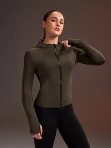 Powerista Women's Standard Size Black & Gray Hooded Space Cotton Slim Fit Sports Jacket - Army Green - View 4